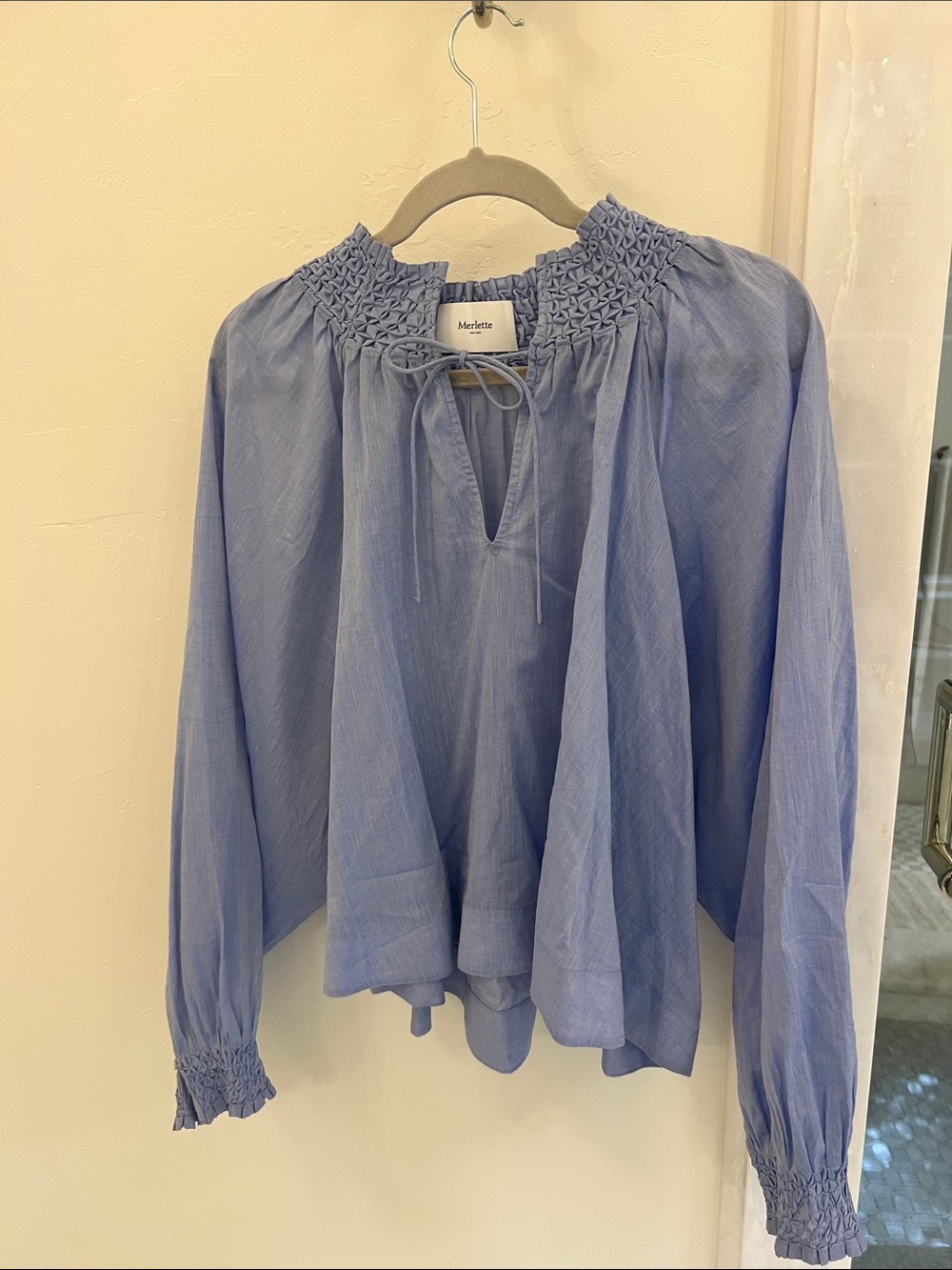Merlette Lavender Smocked-Neck Long Sleeve Blouse